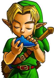 Link debout qui joue de l'ocarina gros plan